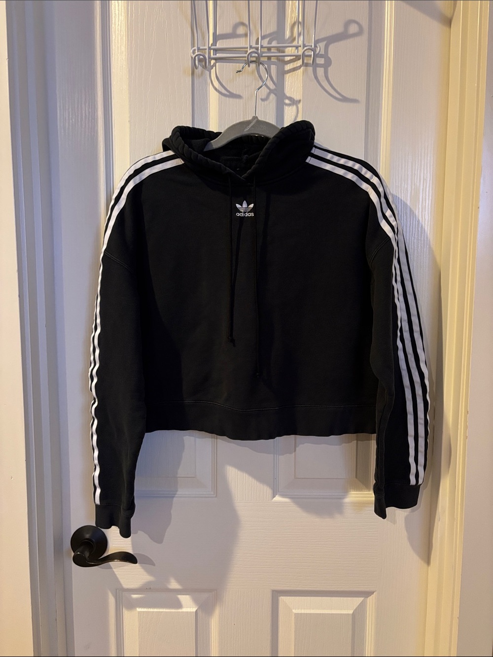 adidas Black Crop Hoodie with White Three-Stripes